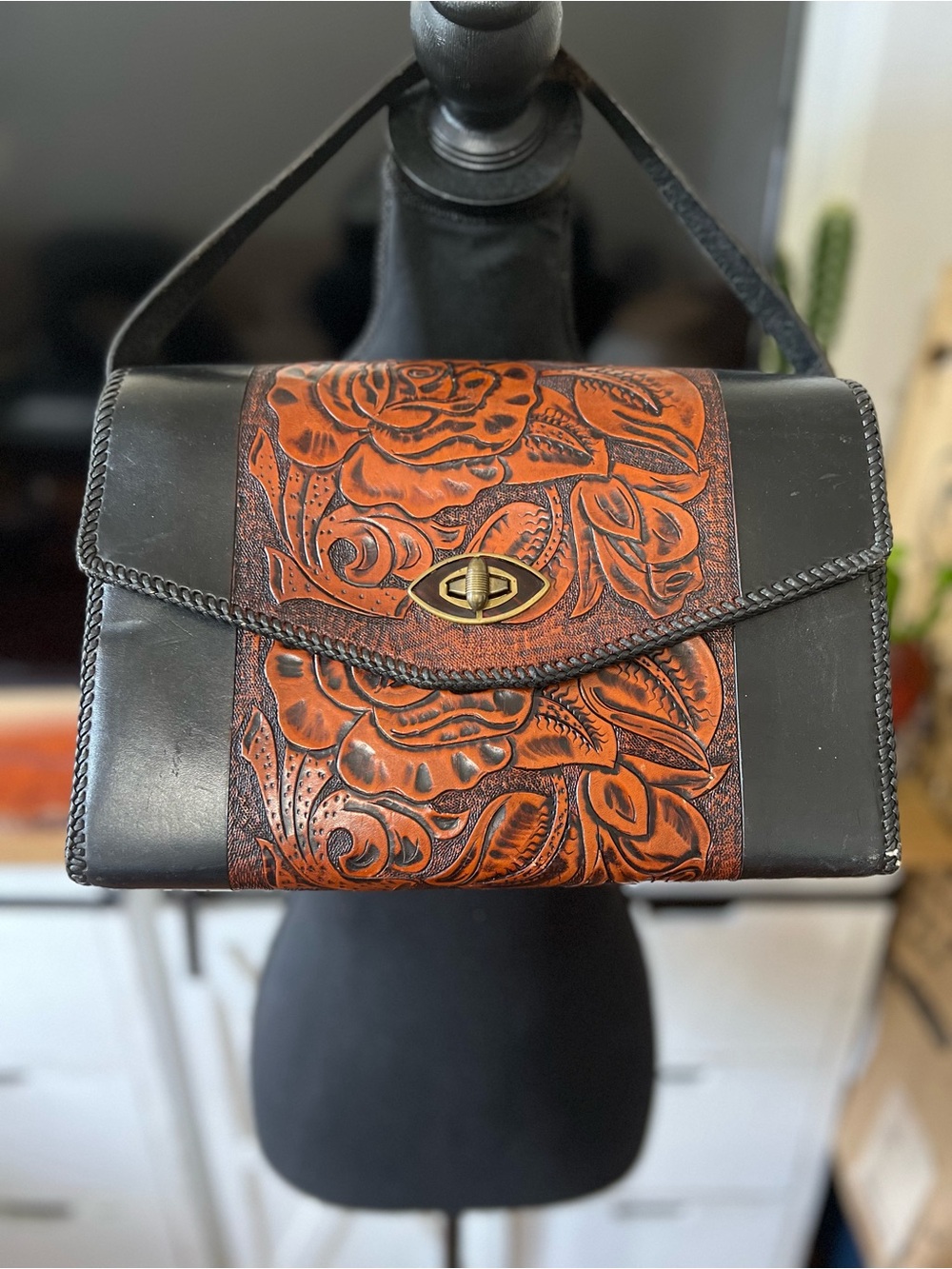 Leather Purse Hand‎ Tooled Brown Shoulder Bag Vintage 70s Hippie Boho